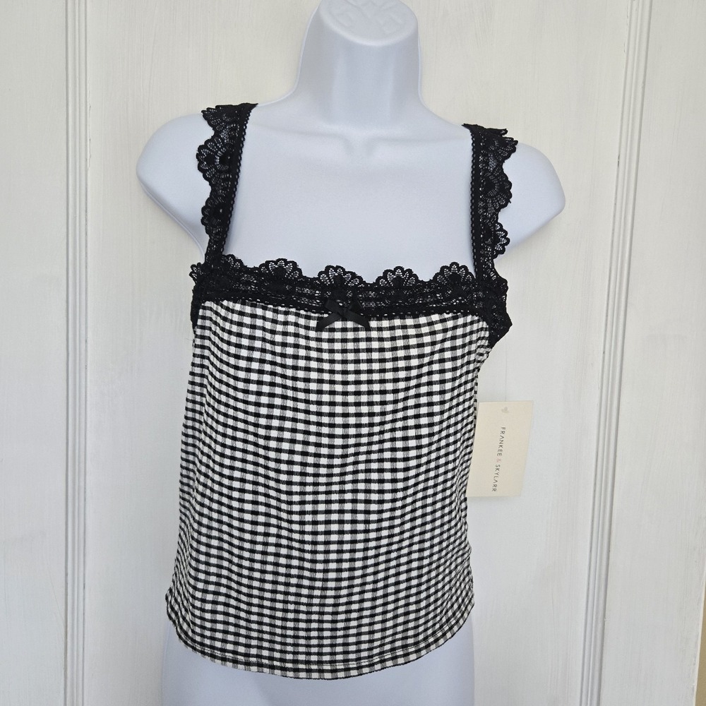 FRANKEE & SKYLARR Junior's Sleeveless Black Gingham w/ Lace Detail Top Size